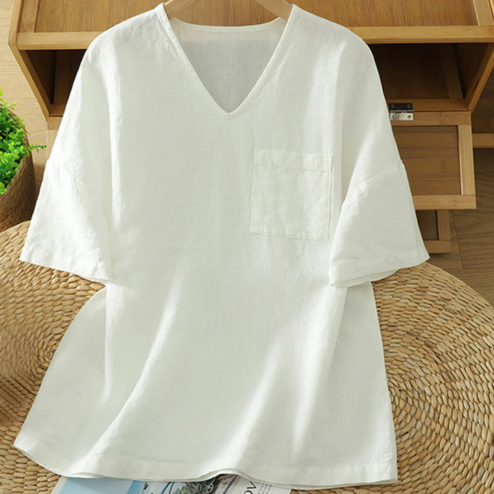 Buddha Stones Casual Plain Women's Cotton Linen V-Neck T-shirt With Pocket - White - US14，UK/AU18，EU46 (2XL) - image 6