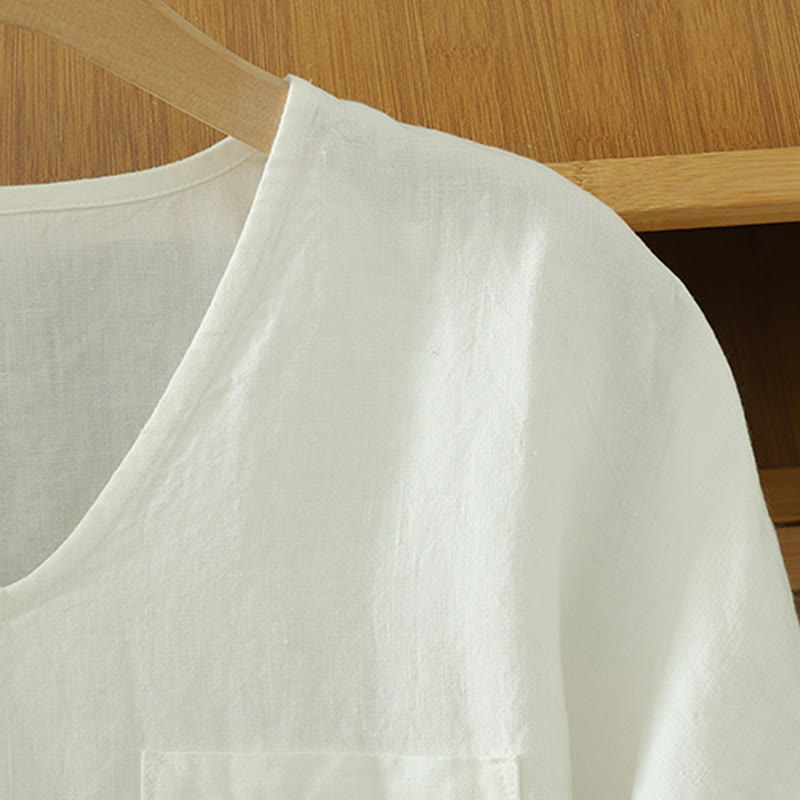 Buddha Stones Casual Plain Women's Cotton Linen V-Neck T-shirt With Pocket - image 14