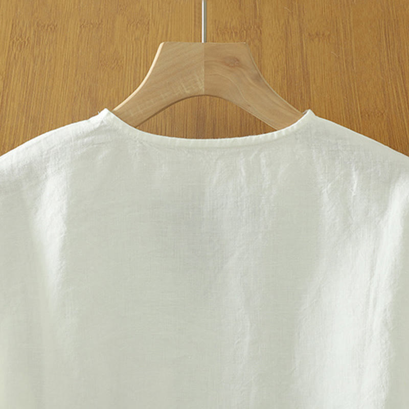 Buddha Stones Casual Plain Women's Cotton Linen V-Neck T-shirt With Pocket - image 9