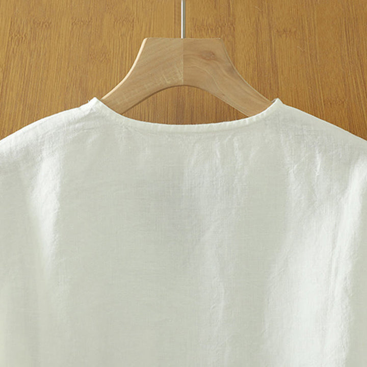 Buddha Stones Casual Plain Women's Cotton Linen V-Neck T-shirt With Pocket - image 9