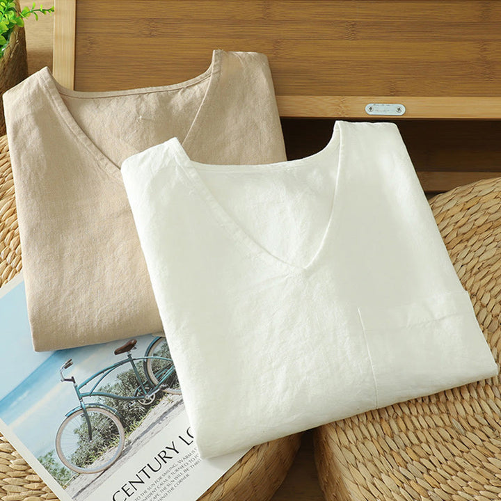Buddha Stones Casual Plain Women's Cotton Linen V-Neck T-shirt With Pocket - image 17