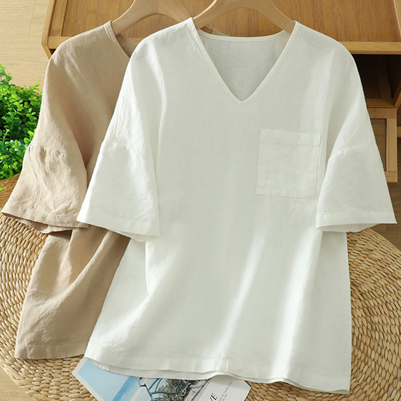 Buddha Stones Casual Plain Women's Cotton Linen V-Neck T-shirt With Pocket - image 15