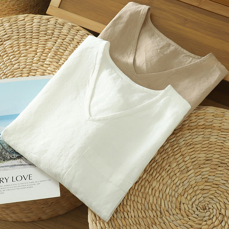 Buddha Stones Casual Plain Women's Cotton Linen V-Neck T-shirt With Pocket - image 16