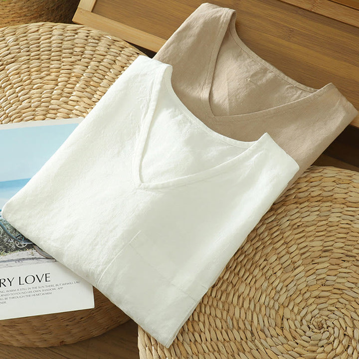 Buddha Stones Casual Plain Women's Cotton Linen V-Neck T-shirt With Pocket - image 16
