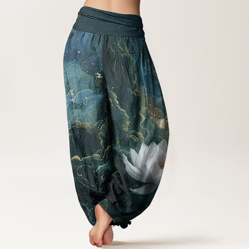 Buddha Stones Pure Cotton Casual Lotus Starry Sky Clouds Pattern Women's Elastic Waist Harem Pants - image 1
