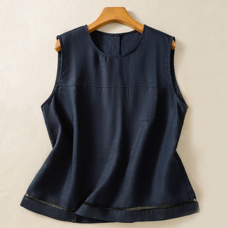 Buddha Stones Simple Crew Neck Button Design Women's Cotton Sleeveless Vest - MidnightBlue - US8-10，UK/AU12-14，EU40-42 (2XL) - image 1
