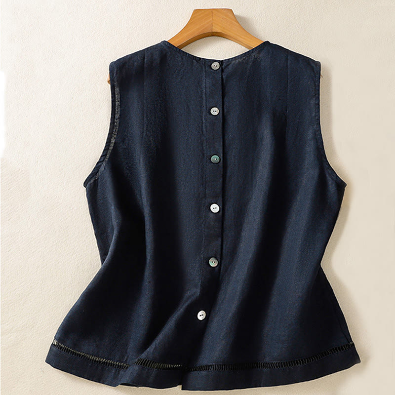 Buddha Stones Simple Crew Neck Button Design Women's Cotton Sleeveless Vest - image 2