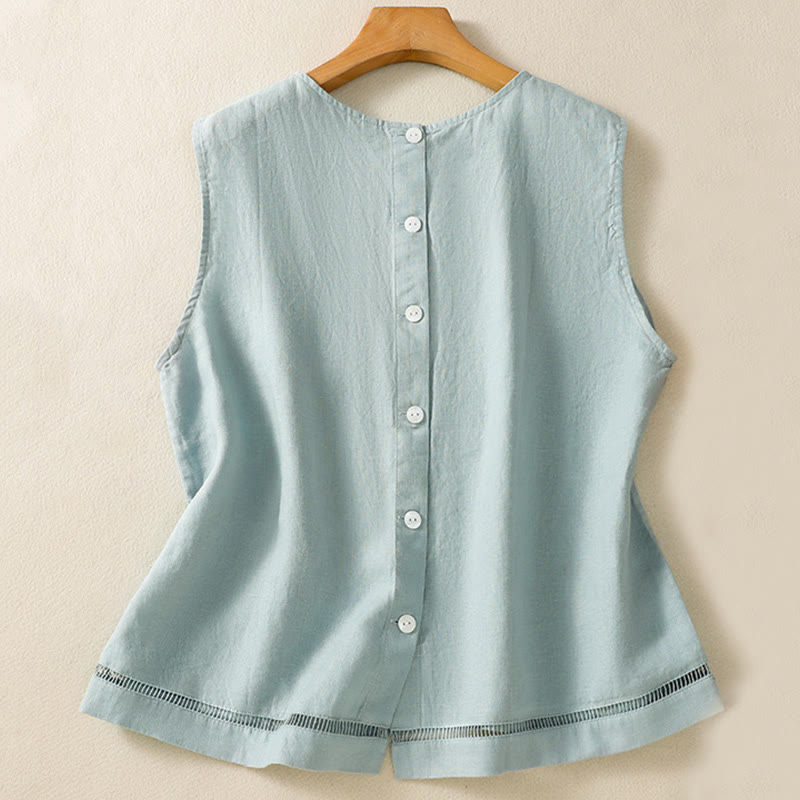 Buddha Stones Simple Crew Neck Button Design Women's Cotton Sleeveless Vest - image 8