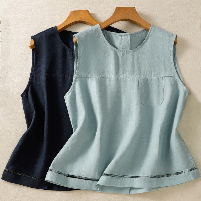 Buddha Stones Simple Crew Neck Button Design Women's Cotton Sleeveless Vest - image 16