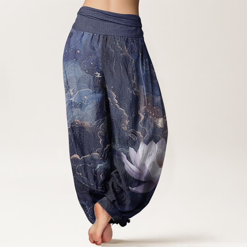 Buddha Stones Pure Cotton Casual Lotus Starry Sky Clouds Pattern Women's Elastic Waist Harem Pants - image 10