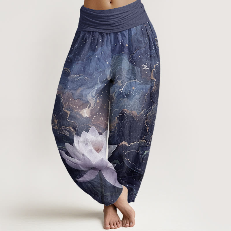 Buddha Stones Pure Cotton Casual Lotus Starry Sky Clouds Pattern Women's Elastic Waist Harem Pants - Navy - US22，UK/AU26，EU54 (6XL) - image 9