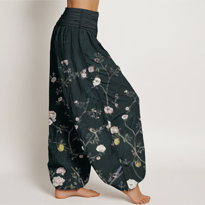 Buddha Stones Pure Cotton Pink White Flowers Bamboo Leaves Fruits Design Women's Elastic Waist Harem Pants - image 11