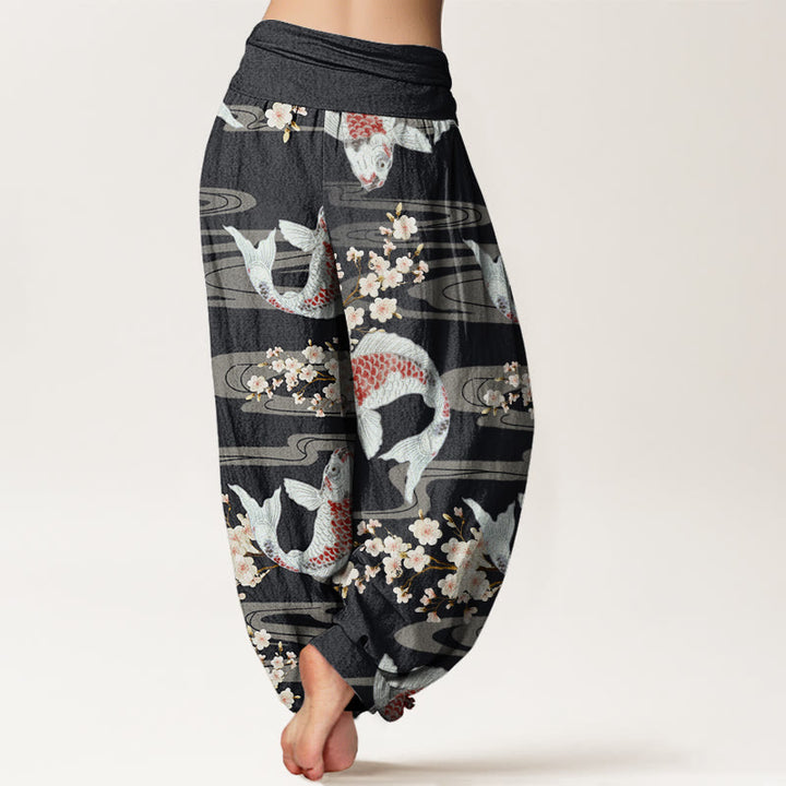 Buddha Stones Cotton Casual Cherry Blossoms Koi Fish Pattern Women's Elastic Waist Harem Pants - image 2
