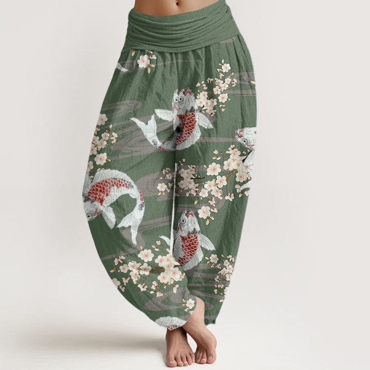 Buddha Stones Casual Cherry Blossoms Koi Fish Pattern Women's Elastic Waist Harem Pants - DarkSeaGreen - US22，UK/AU26，EU54 (6XL) - image 4