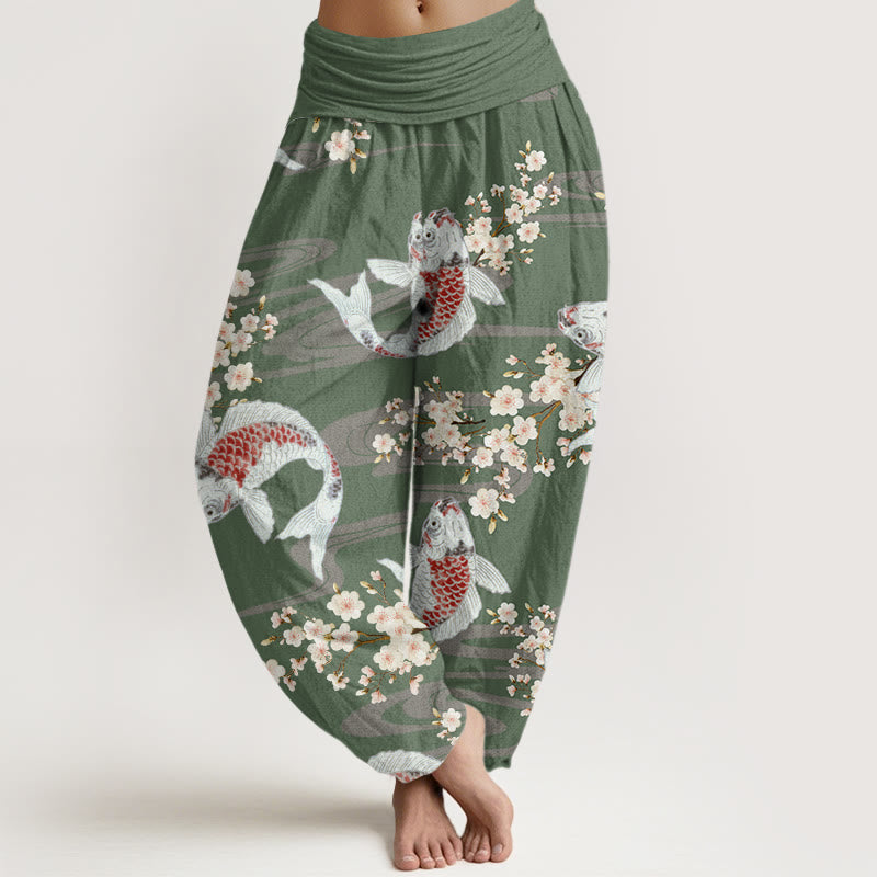 Buddha Stones Casual Cherry Blossoms Koi Fish Pattern Women's Elastic Waist Harem Pants - DarkSeaGreen - US22，UK/AU26，EU54 (6XL) - image 5