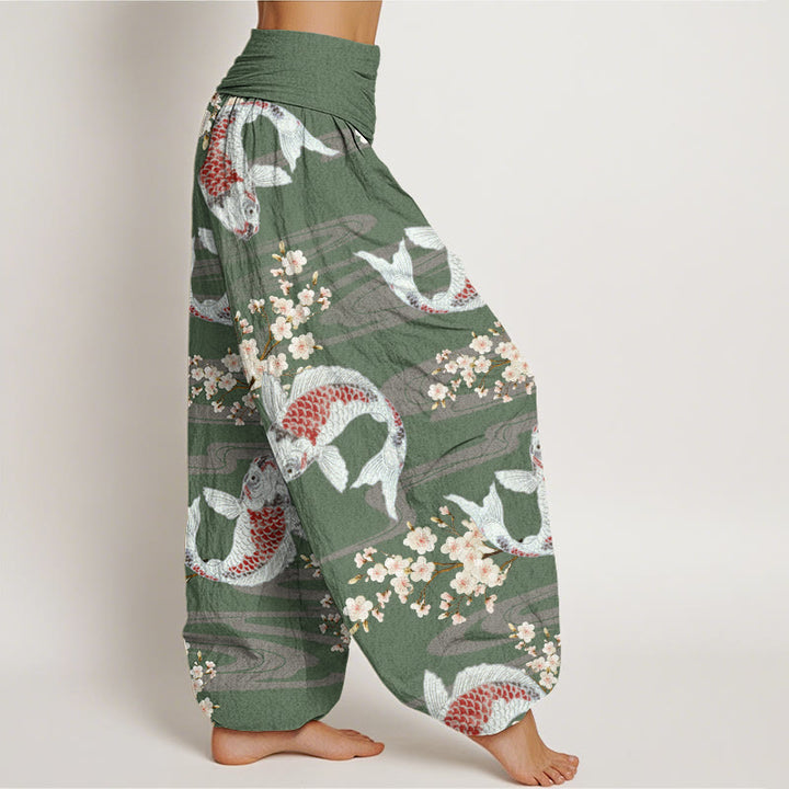 Buddha Stones Casual Cherry Blossoms Koi Fish Pattern Women's Elastic Waist Harem Pants - image 6