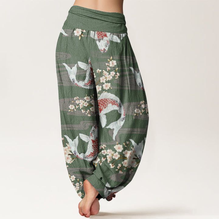 Buddha Stones Cotton Casual Cherry Blossoms Koi Fish Pattern Women's Elastic Waist Harem Pants - image 6