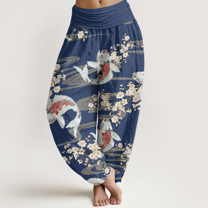 Buddha Stones Casual Cherry Blossoms Koi Fish Pattern Women's Elastic Waist Harem Pants - SteelBlue - US22，UK/AU26，EU54 (6XL) - image 7