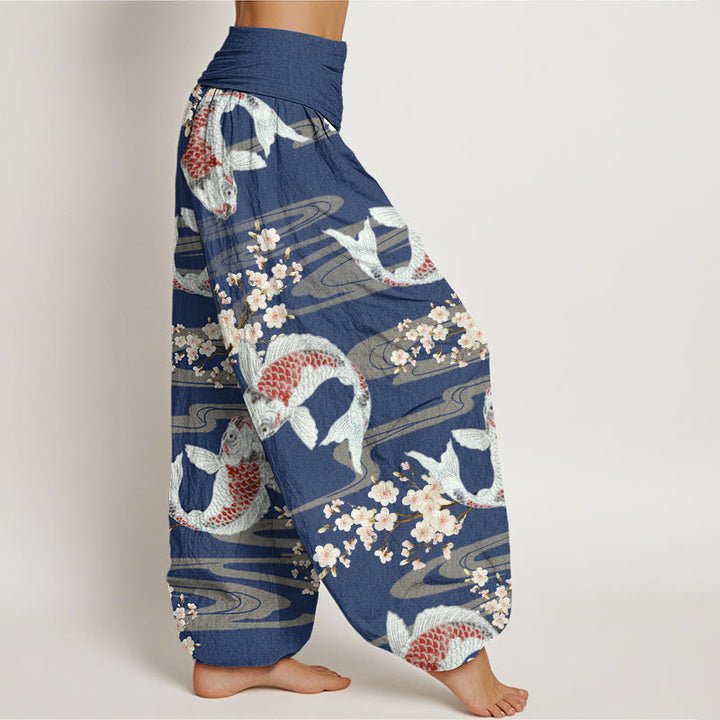Buddha Stones Casual Cherry Blossoms Koi Fish Pattern Women's Elastic Waist Harem Pants - image 9
