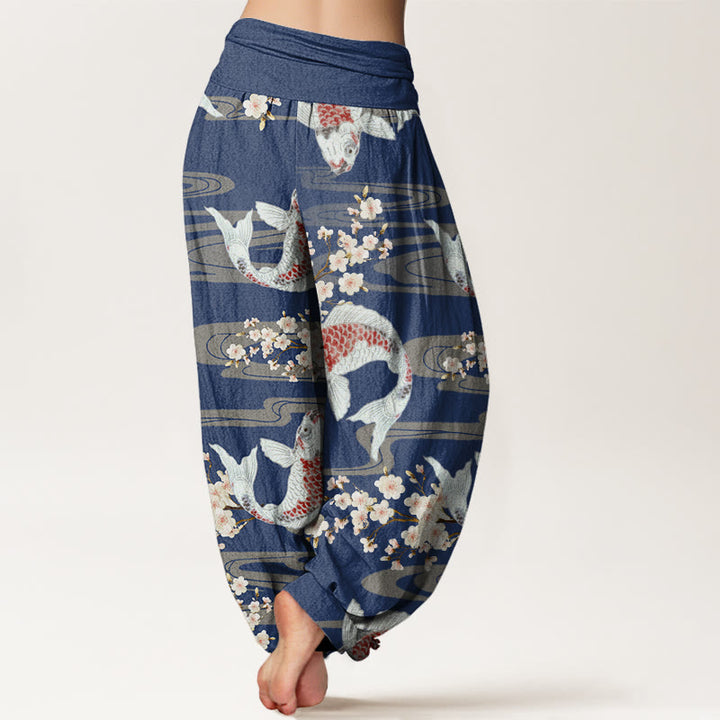 Buddha Stones Casual Cherry Blossoms Koi Fish Pattern Women's Elastic Waist Harem Pants - image 9