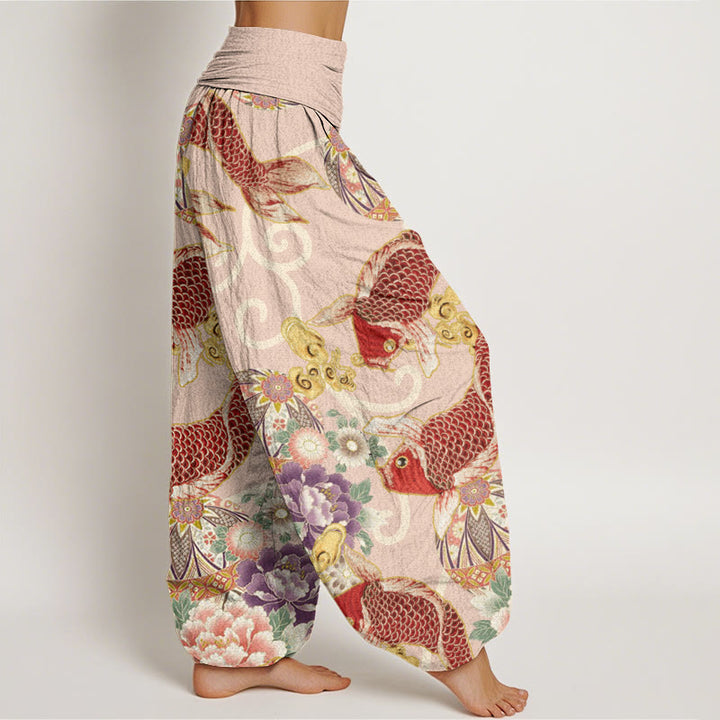 Buddha Stones Casual Floral Koi Pattern Women's Elastic Waist Harem Pants - image 1