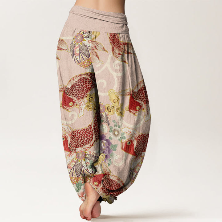 Buddha Stones Cotton Casual Floral Koi Pattern Women's Elastic Waist Harem Pants - image 2