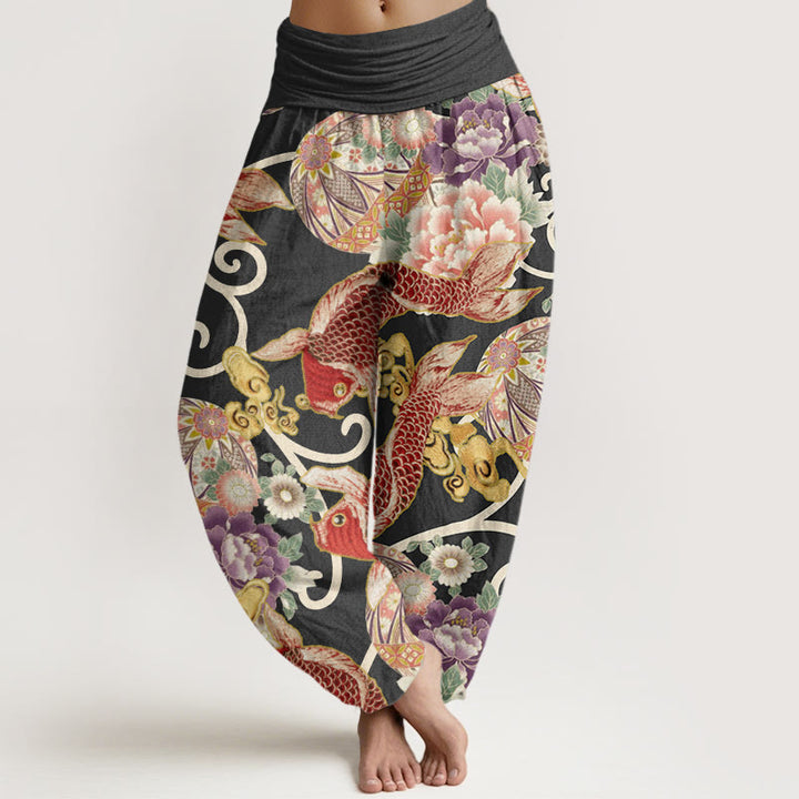 Buddha Stones Cotton Casual Floral Koi Pattern Women's Elastic Waist Harem Pants - Black - US22，UK/AU26，EU54 (6XL) - image 4