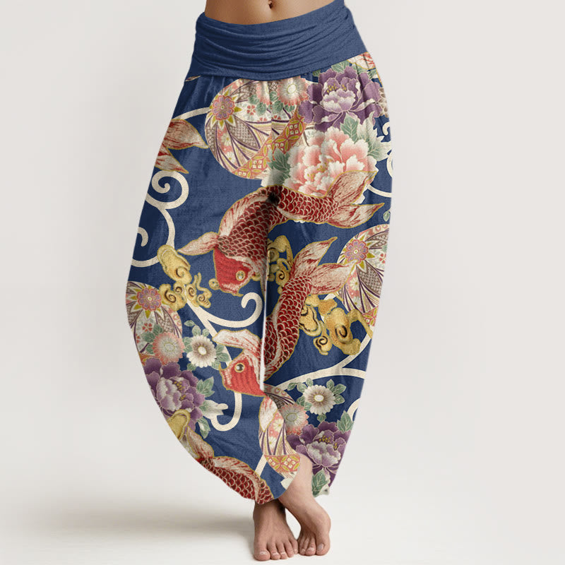 Buddha Stones Casual Floral Koi Pattern Women's Elastic Waist Harem Pants - SteelBlue - US22，UK/AU26，EU54 (6XL) - image 7
