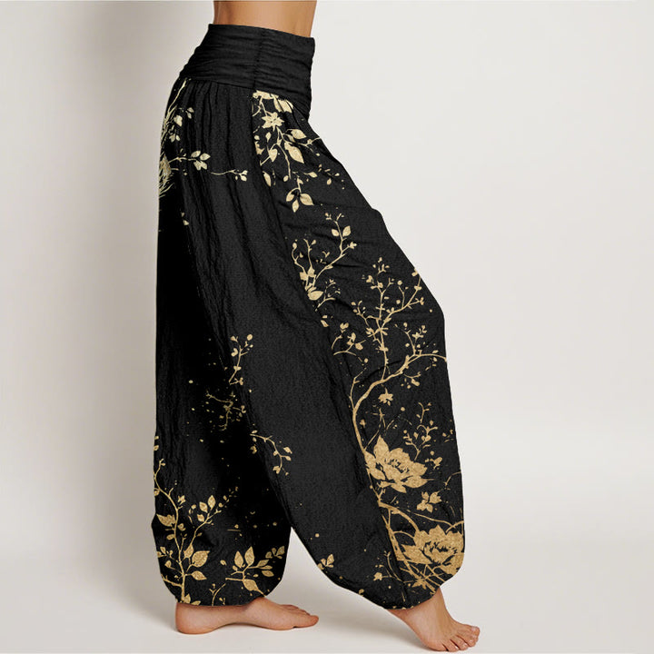 Buddha Stones Pure Cotton Casual Dragon Flower Leaf Pattern Women's Elastic Waist Harem Pants - image 2