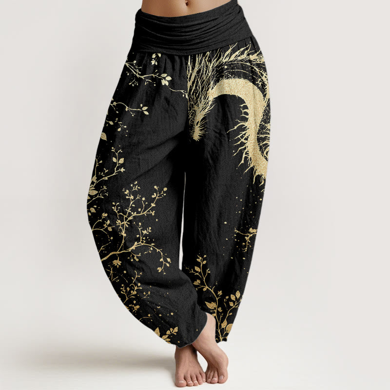 Buddha Stones Pure Cotton Casual Dragon Flower Leaf Pattern Women's Elastic Waist Harem Pants - Black - US22，UK/AU26，EU54 (6XL) - image 0