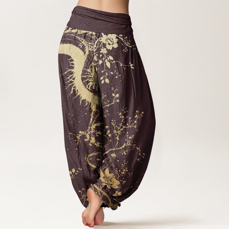Buddha Stones Pure Cotton Casual Dragon Flower Leaf Pattern Women's Elastic Waist Harem Pants - image 7