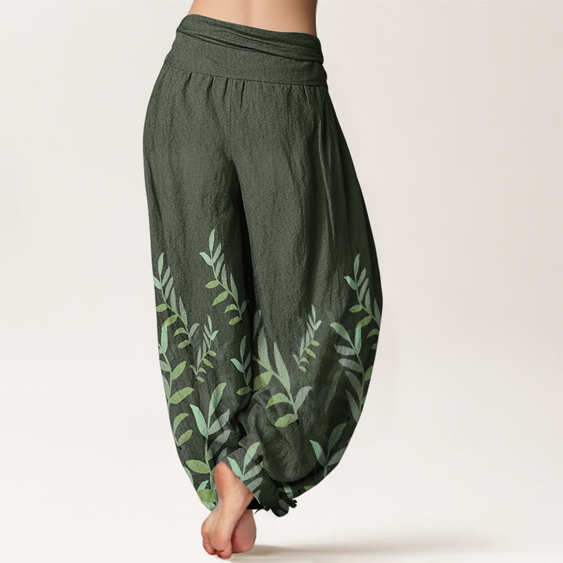 Buddha Stones Pure Cotton Casual Leaves Pattern Women's Elastic Waist Harem Pants - image 7