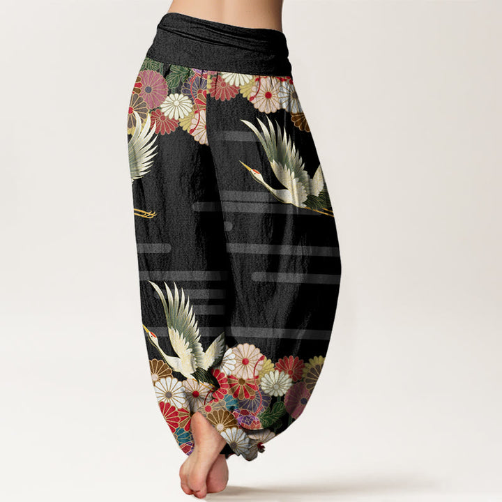 Buddha Stones Casual Crane Chrysanthemum Pattern Women's Elastic Waist Harem Pants - image 2