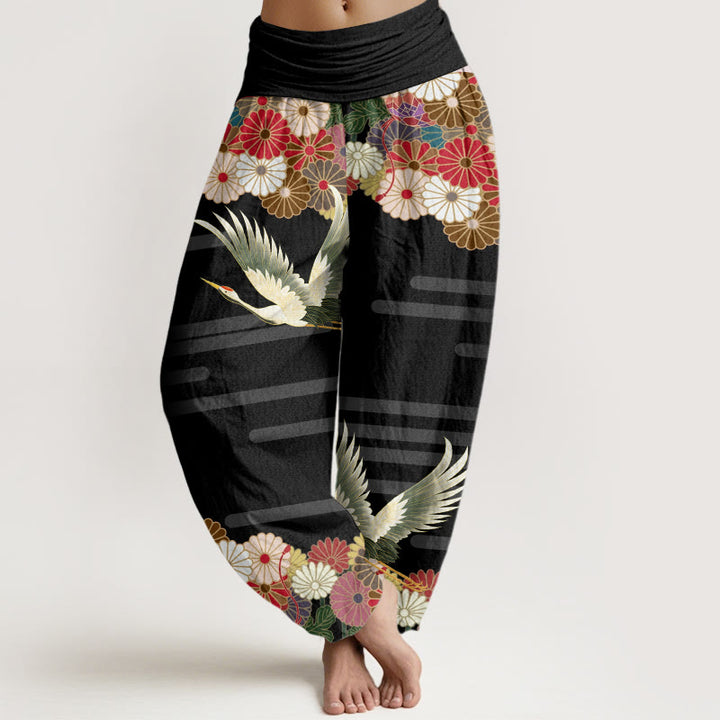 Buddha Stones Casual Crane Chrysanthemum Pattern Women's Elastic Waist Harem Pants - Black - US22，UK/AU26，EU54 (6XL) - image 0