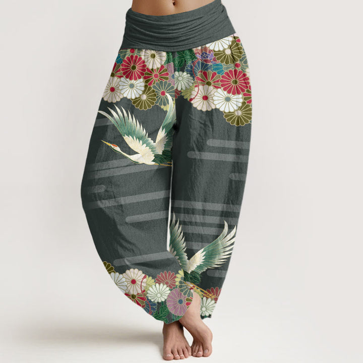 Buddha Stones Cotton Casual Crane Chrysanthemum Pattern Women's Elastic Waist Harem Pants - SeaGreen - US22，UK/AU26，EU54 (6XL) - image 4