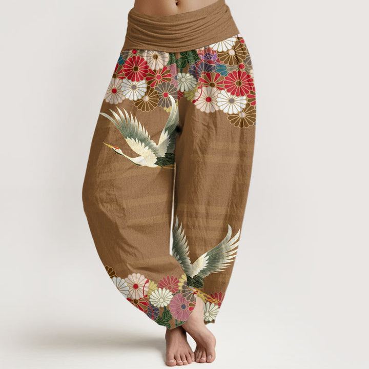 Buddha Stones Casual Crane Chrysanthemum Pattern Women's Elastic Waist Harem Pants - DarkGoldenrod - US22，UK/AU26，EU54 (6XL) - image 7