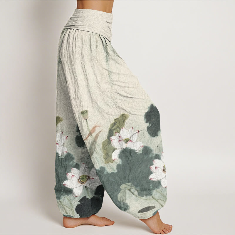 Buddha Stones Cotton Casual Ink Lotus Flower Pattern Women's Elastic Waist Harem Pants - image 1