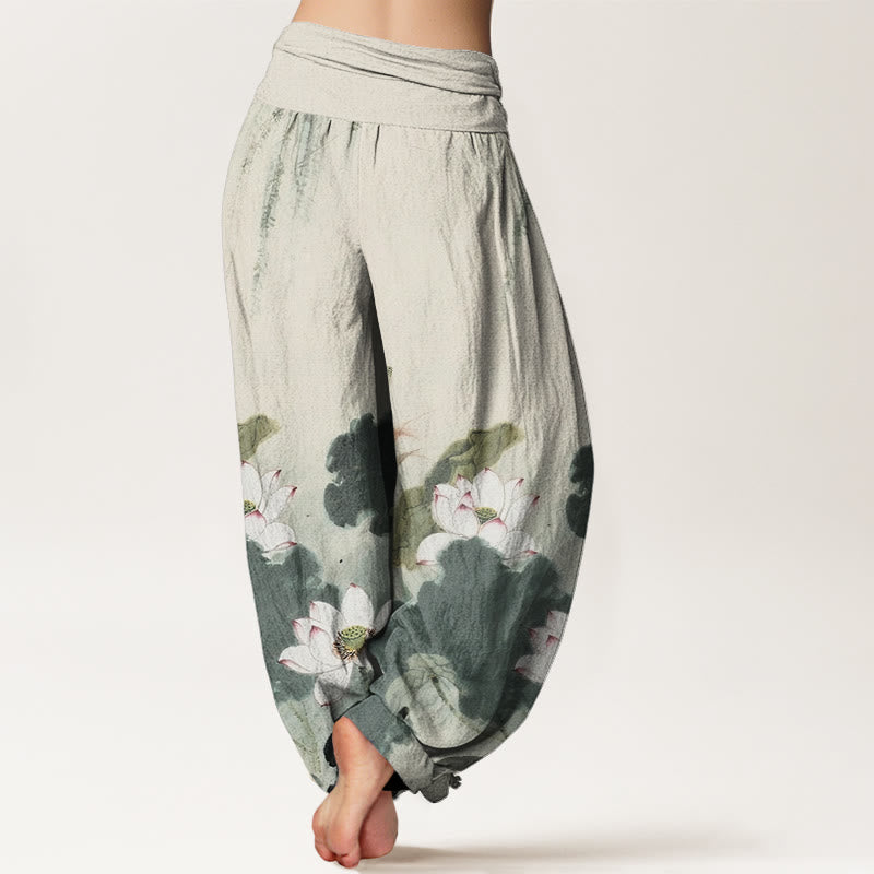Buddha Stones Casual Ink Lotus Flower Pattern Women's Elastic Waist Harem Pants - image 2