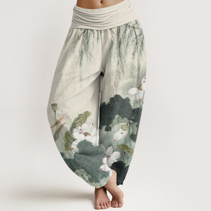 Buddha Stones Casual Ink Lotus Flower Pattern Women's Elastic Waist Harem Pants - DarkSeaGreen - US22，UK/AU26，EU54 (6XL) - image 0