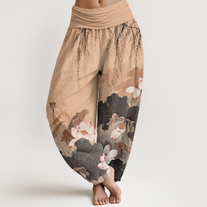 Buddha Stones Casual Ink Lotus Flower Pattern Women's Elastic Waist Harem Pants - PeachPuff - US22，UK/AU26，EU54 (6XL) - image 4