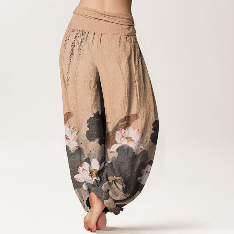 Buddha Stones Cotton Casual Ink Lotus Flower Pattern Women's Elastic Waist Harem Pants - image 6