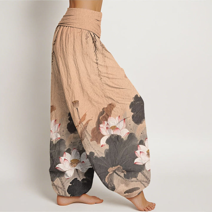 Buddha Stones Casual Ink Lotus Flower Pattern Women's Elastic Waist Harem Pants - image 5