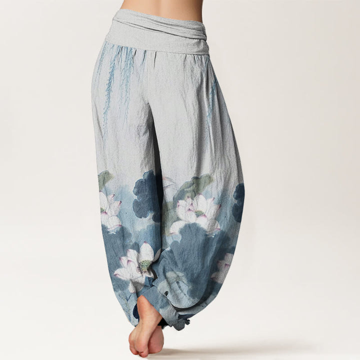 Buddha Stones Casual Ink Lotus Flower Pattern Women's Elastic Waist Harem Pants - image 9