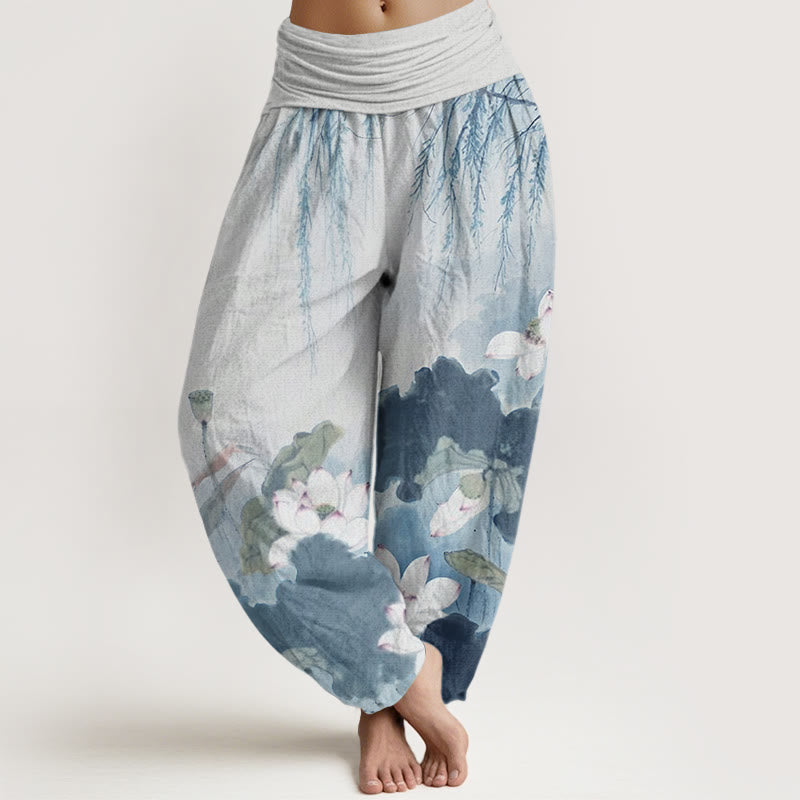 Buddha Stones Casual Ink Lotus Flower Pattern Women's Elastic Waist Harem Pants - SkyBlue - US22，UK/AU26，EU54 (6XL) - image 7