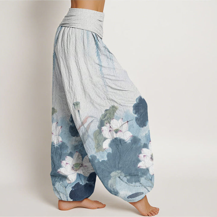Buddha Stones Casual Ink Lotus Flower Pattern Women's Elastic Waist Harem Pants - image 8