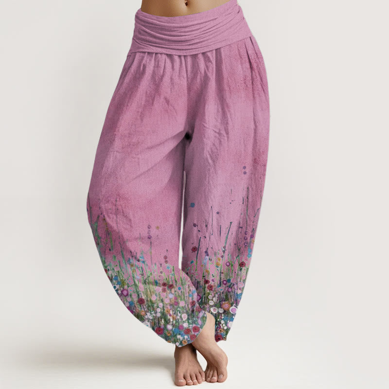 Buddha Stones Pure Cotton Casual Colorful Wildflower Field Pattern Women's Elastic Waist Harem Pants - HotPink - US22，UK/AU26，EU54 (6XL) - image 9
