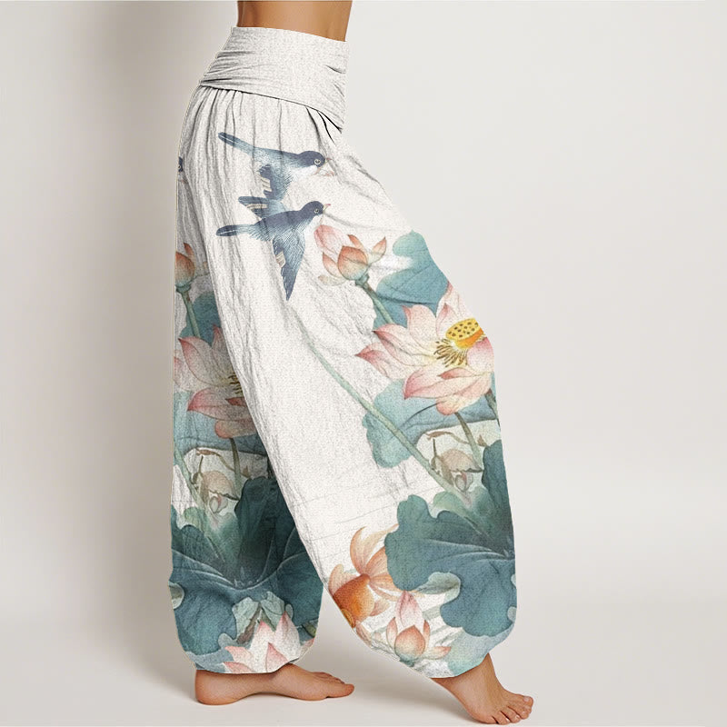 Buddha Stones Cotton Casual Summer Lotus Pond Pattern Women's Elastic Waist Harem Pants - image 1