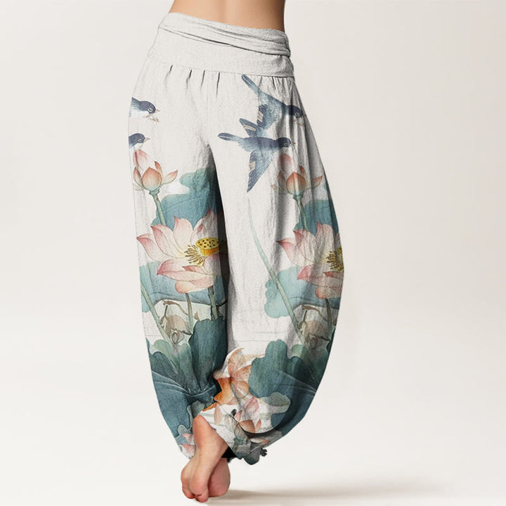 Buddha Stones Casual Summer Lotus Pond Pattern Women's Elastic Waist Harem Pants - image 2