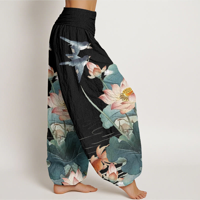 Buddha Stones Casual Summer Lotus Pond Pattern Women's Elastic Waist Harem Pants - image 5