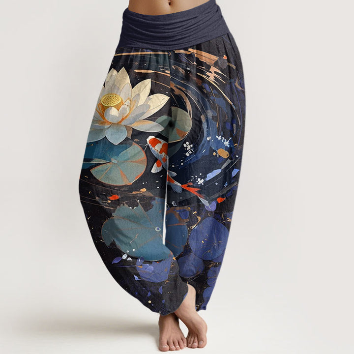Buddha Stones Cotton Casual Summer Lotus Pond Koi Fish Pattern Women's Elastic Waist Harem Pants - DarkBlue - US22，UK/AU26，EU54 (6XL) - image 0